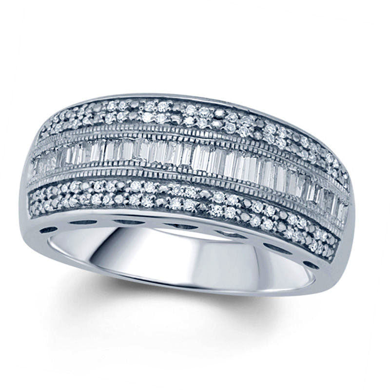 0.50 CT. T.W. Baguette and Round Natural Diamond Multi-Row Antique Vintage Style Band in Sterling Silver