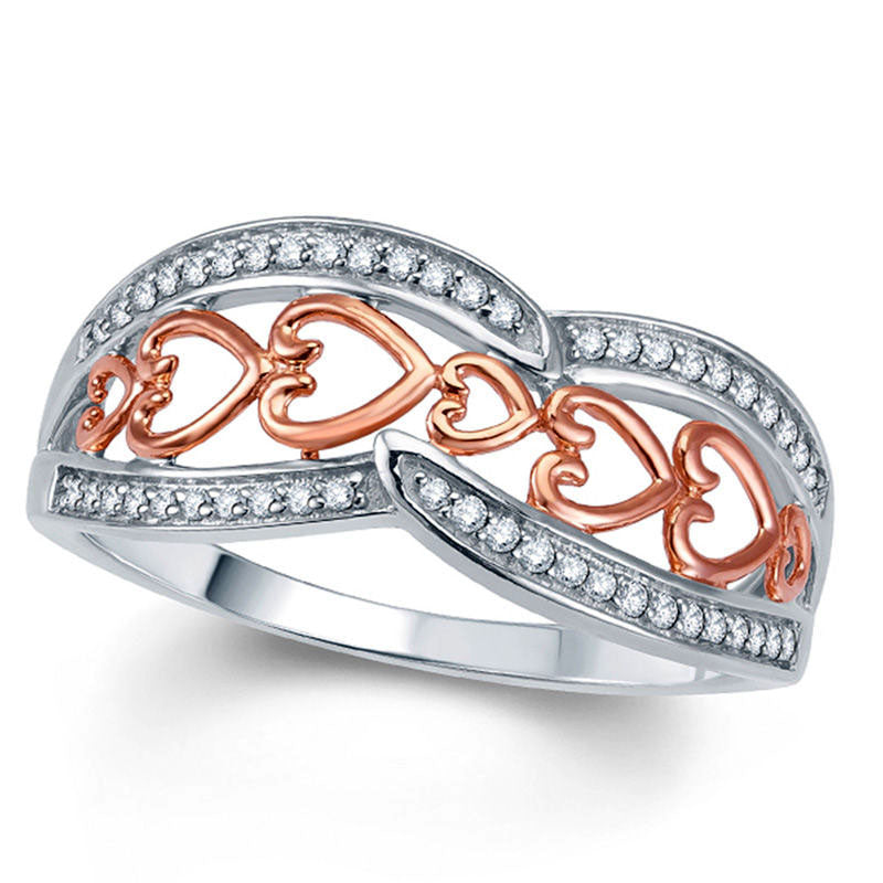 0.13 CT. T.W. Natural Diamond Swirl Hearts Ring in Sterling Silver with Solid 14K Rose Gold Plate