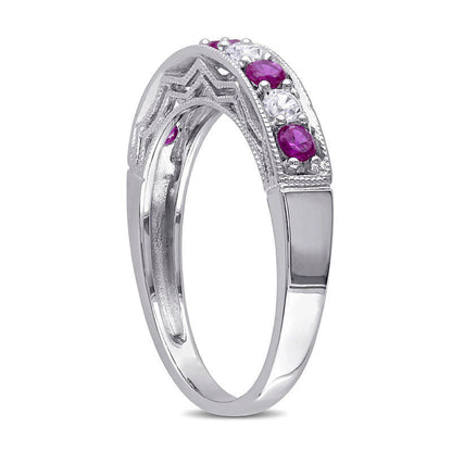 Lab-Created Ruby and White Sapphire Antique Vintage-Style Stackable Band in Sterling Silver