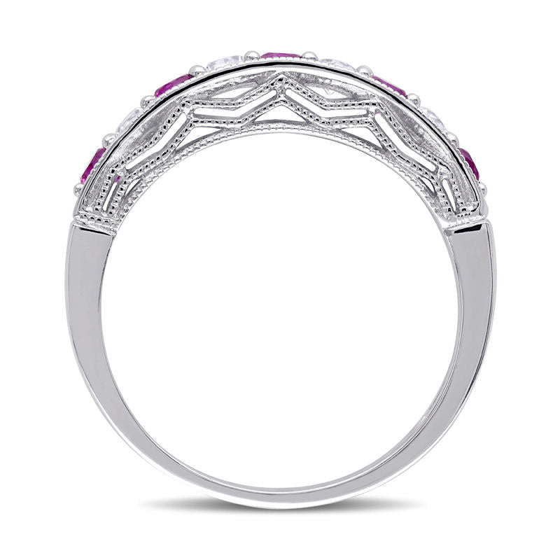 Lab-Created Ruby and White Sapphire Antique Vintage-Style Stackable Band in Sterling Silver