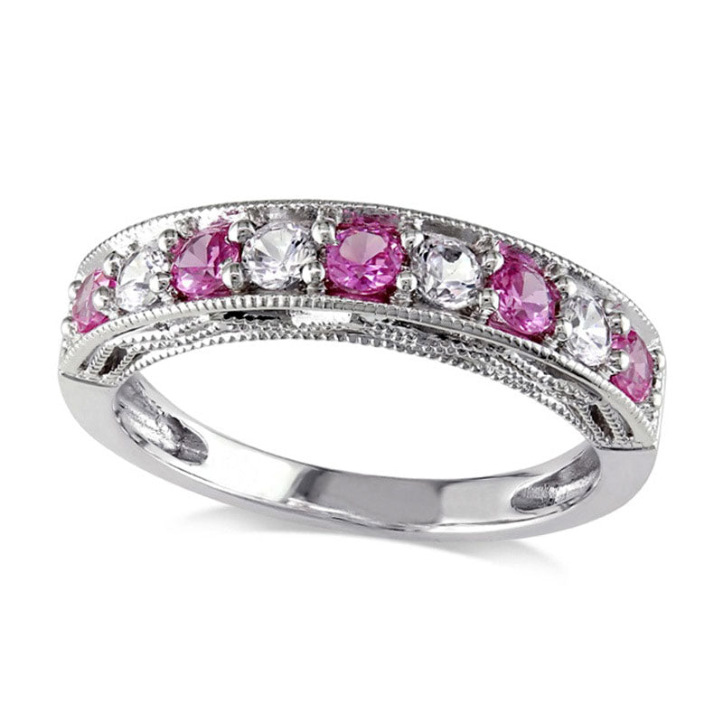 Lab-Created Pink and White Sapphire Antique Vintage-Style Stackable Band in Sterling Silver