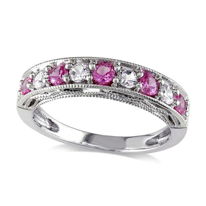 Lab-Created Pink and White Sapphire Antique Vintage-Style Stackable Band in Sterling Silver