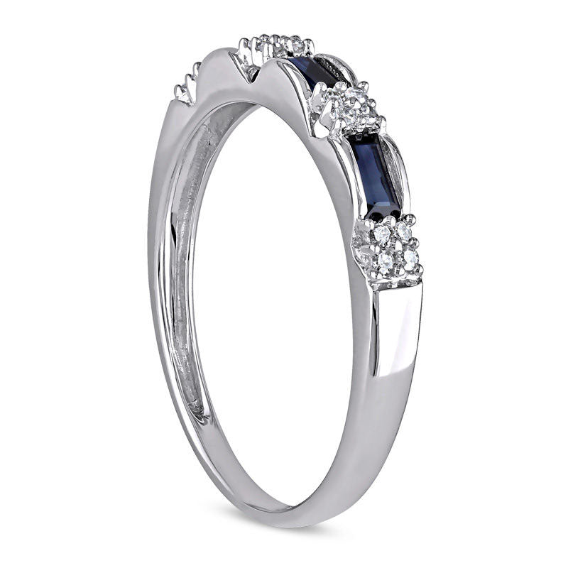 Baguette Blue Sapphire and Natural Diamond Accent Three Stone Band in Solid 10K White Gold