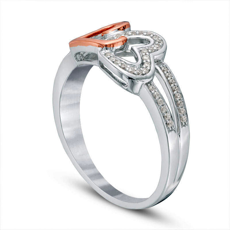 0.13 CT. T.W. Natural Diamond Interlocking Heart Ring in Sterling Silver and Solid 10K Rose Gold