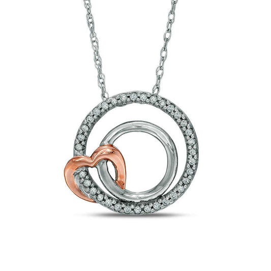 1/10 CT T.W. Natural Diamond Double Circle with Heart Pendant in Sterling Silver and 10K Rose Gold