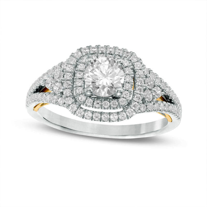 1.0 CT. T.W. Natural Diamond Cushion Frame Tri-Sides Engagement Ring in Solid 14K Two-Tone Gold