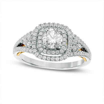 1.0 CT. T.W. Natural Diamond Cushion Frame Tri-Sides Engagement Ring in Solid 14K Two-Tone Gold