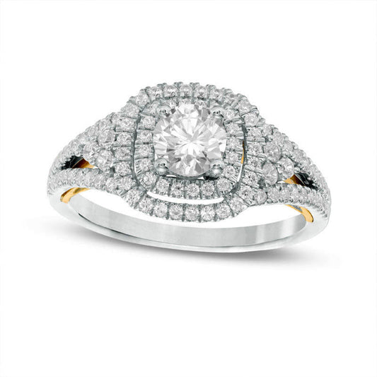 1.0 CT. T.W. Natural Diamond Cushion Frame Tri-Sides Engagement Ring in Solid 14K Two-Tone Gold