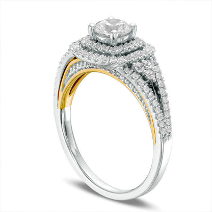 1.0 CT. T.W. Natural Diamond Cushion Frame Tri-Sides Engagement Ring in Solid 14K Two-Tone Gold
