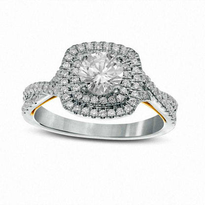 1.17 CT. T.W. Natural Diamond Cushion Frame Twist Engagement Ring in Solid 14K Two-Tone Gold