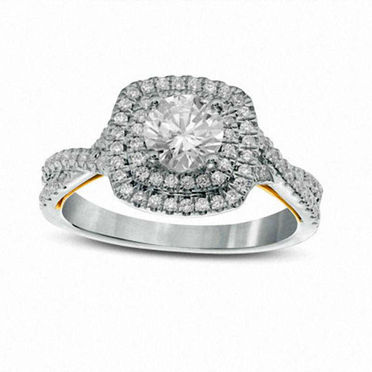 1.17 CT. T.W. Natural Diamond Cushion Frame Twist Engagement Ring in Solid 14K Two-Tone Gold