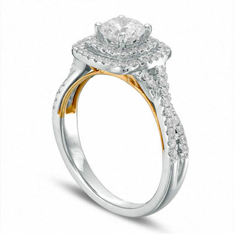 1.17 CT. T.W. Natural Diamond Cushion Frame Twist Engagement Ring in Solid 14K Two-Tone Gold