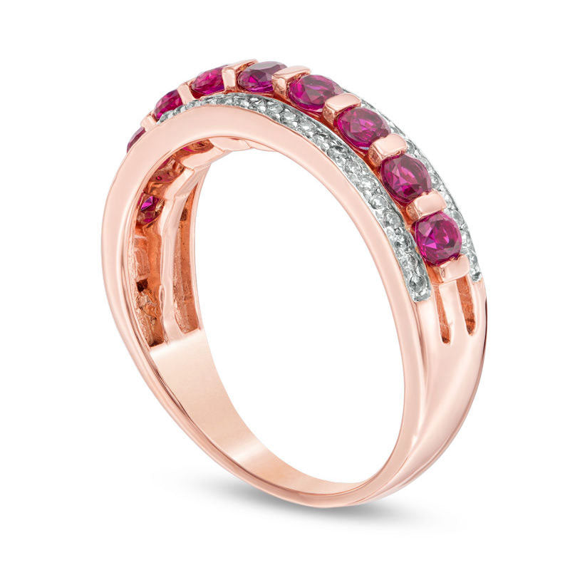 Lab-Created Ruby and 0.20 CT. T.W. Diamond Edge Band in Solid 10K Rose Gold