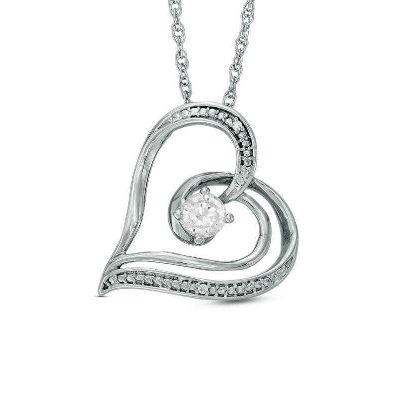4.0mm Lab-Created White Sapphire and Diamond Accent Swirling Tilted Heart Pendant in Sterling Silver