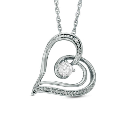 4.0mm Lab-Created White Sapphire and Diamond Accent Swirling Tilted Heart Pendant in Sterling Silver
