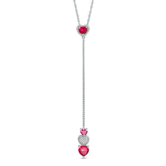 Heart-Shaped Lab-Created Ruby and 0.1 CT. T.W. Diamond Y" Necklace in Sterling Silver - 24""