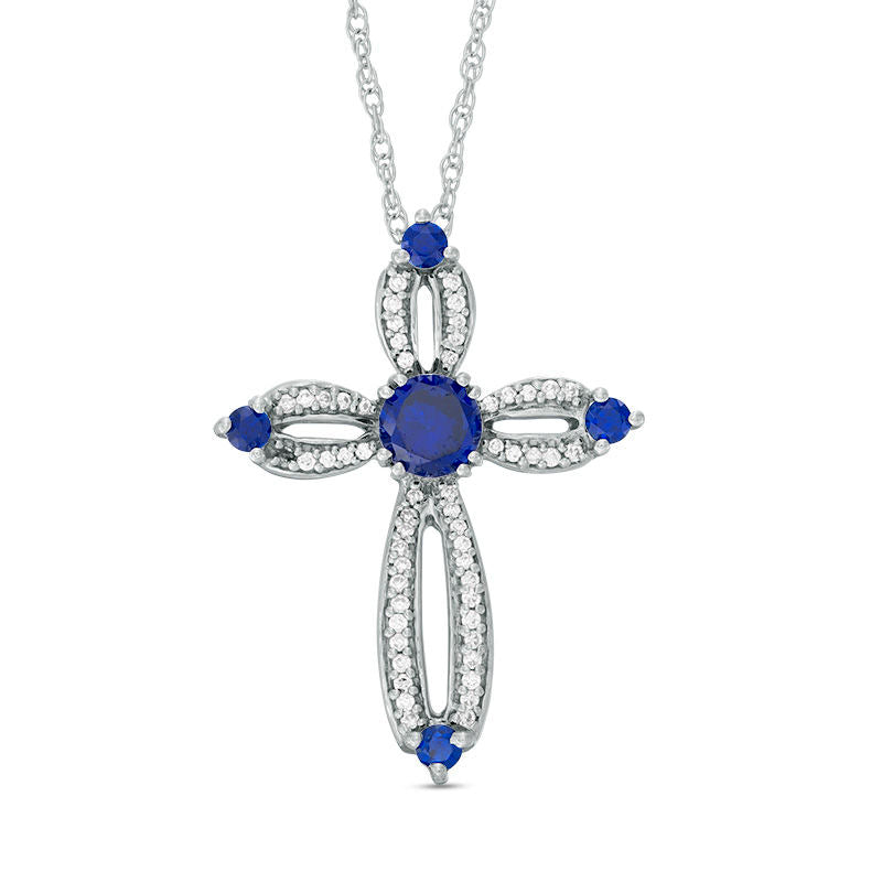 5.0mm Lab-Created Blue Sapphire and 0.2 CT. T.W. Diamond Loop Cross Pendant in Sterling Silver
