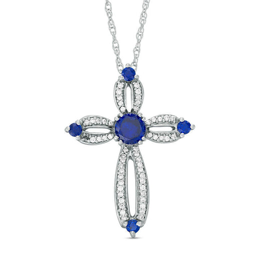 5.0mm Lab-Created Blue Sapphire and 0.2 CT. T.W. Diamond Loop Cross Pendant in Sterling Silver