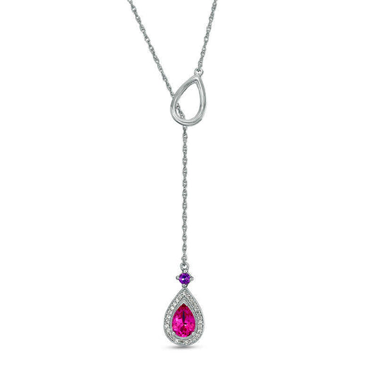 Pear-Shaped Lab-Created Pink Sapphire, Amethyst and 0.1 CT. T.W. Diamond Frame Lariat Necklace in Sterling Silver