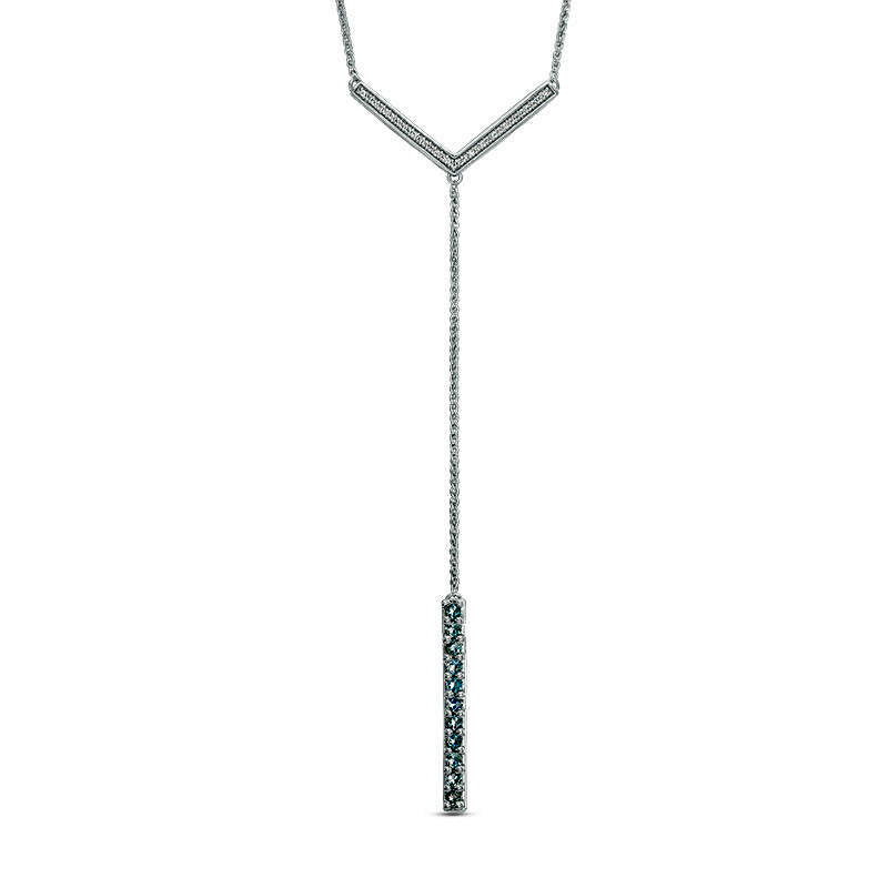 Aquamarine and 0.1 CT. T.W. Natural Diamond Linear Bar Y" Necklace in Sterling Silver - 21""