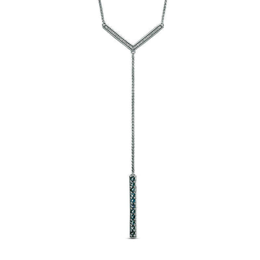 Aquamarine and 0.1 CT. T.W. Natural Diamond Linear Bar Y" Necklace in Sterling Silver - 21""