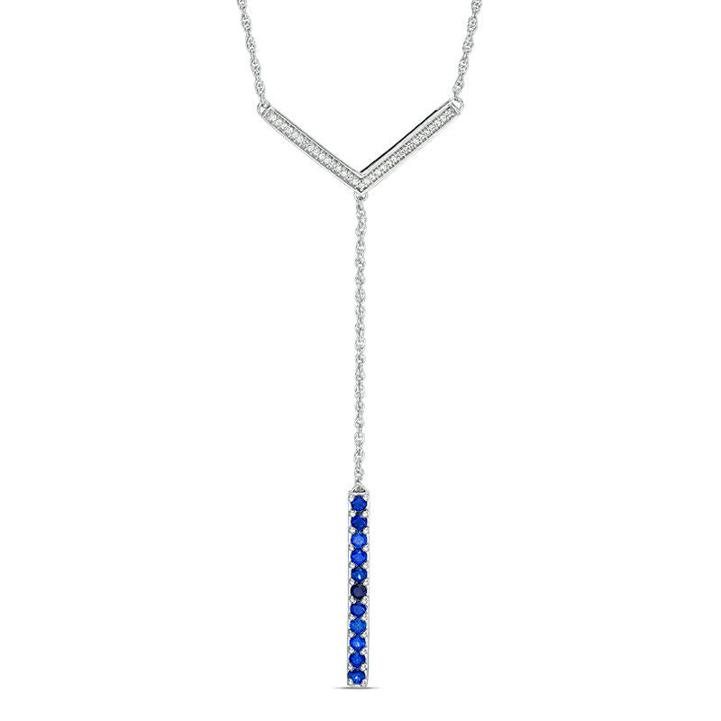 Lab-Created Blue Sapphire and 0.1 CT. T.W. Diamond Linear Bar Y" Necklace in Sterling Silver - 21""
