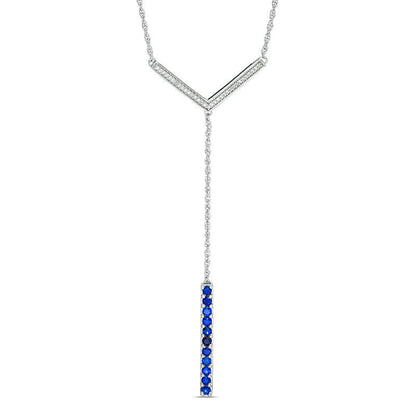Lab-Created Blue Sapphire and 0.1 CT. T.W. Diamond Linear Bar Y" Necklace in Sterling Silver - 21""
