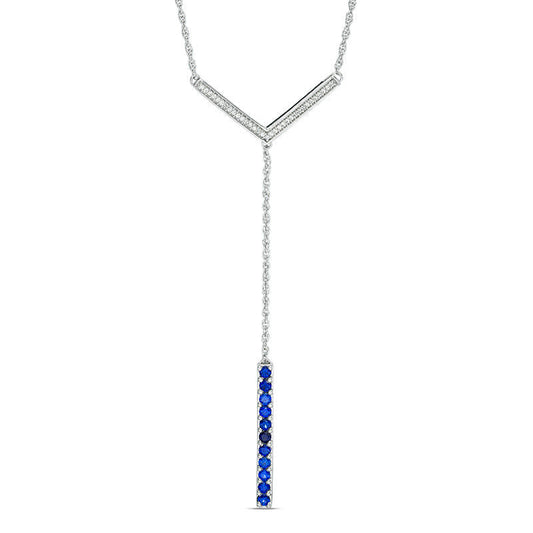 Lab-Created Blue Sapphire and 0.1 CT. T.W. Diamond Linear Bar Y" Necklace in Sterling Silver - 21""