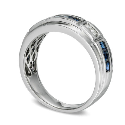 Mens Lab-Created Blue Sapphire and 0.10 CT. T.W. Diamond Alternating Band in Solid 10K White Gold