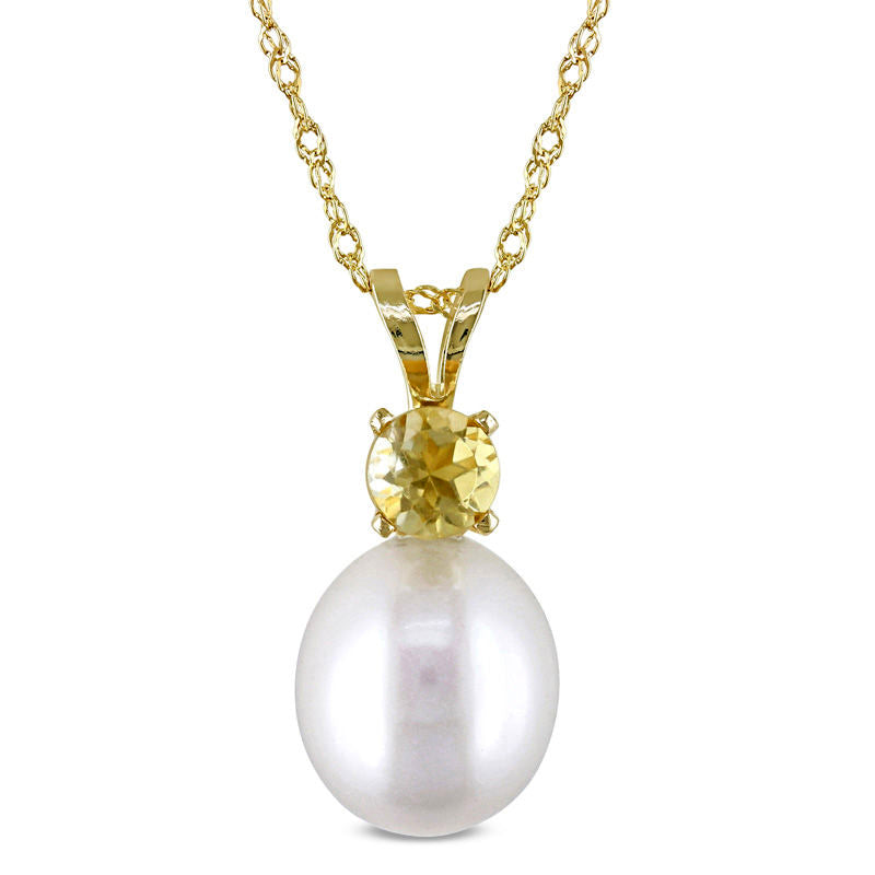 8.0 - 8.5mm Baroque Cultured Freshwater Pearl and Citrine Pendant in 14K Gold - 17