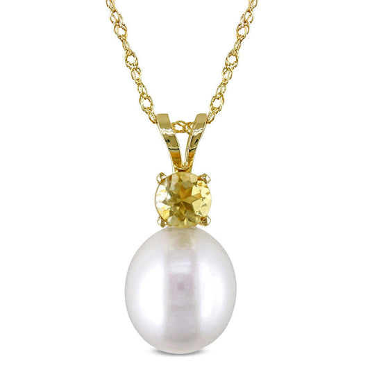 8.0 - 8.5mm Baroque Cultured Freshwater Pearl and Citrine Pendant in 14K Gold - 17