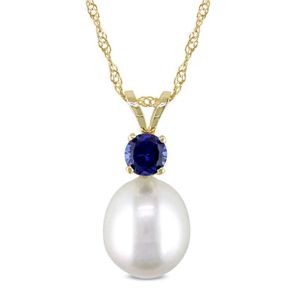8.0 - 8.5mm Baroque Cultured Freshwater Pearl and Blue Sapphire Pendant in 14K Gold - 17