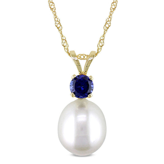8.0 - 8.5mm Baroque Cultured Freshwater Pearl and Blue Sapphire Pendant in 14K Gold - 17
