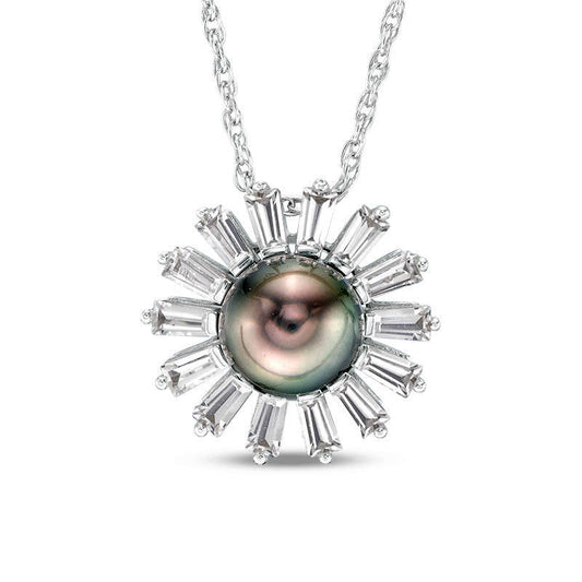 8.0mm Grey Cultured Tahitian Pearl and Baguette Lab-Created White Sapphire Flower Pendant in Sterling Silver