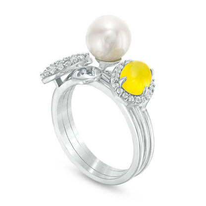 Cultured Freshwater Pearl Dyed Lemon Quartz and White Topaz Three Piece Stackable Ring Set in Sterling Silver