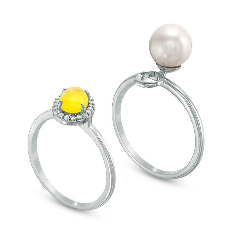 Cultured Freshwater Pearl Dyed Lemon Quartz and White Topaz Three Piece Stackable Ring Set in Sterling Silver