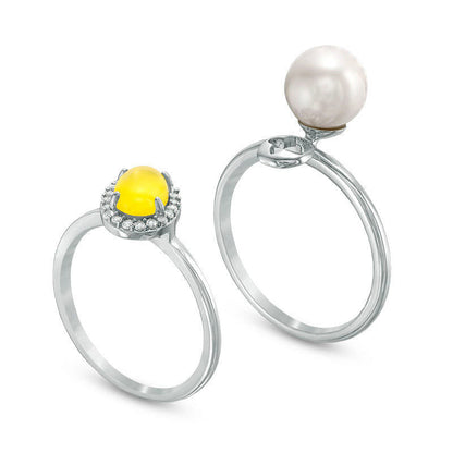 Cultured Freshwater Pearl Dyed Lemon Quartz and White Topaz Three Piece Stackable Ring Set in Sterling Silver