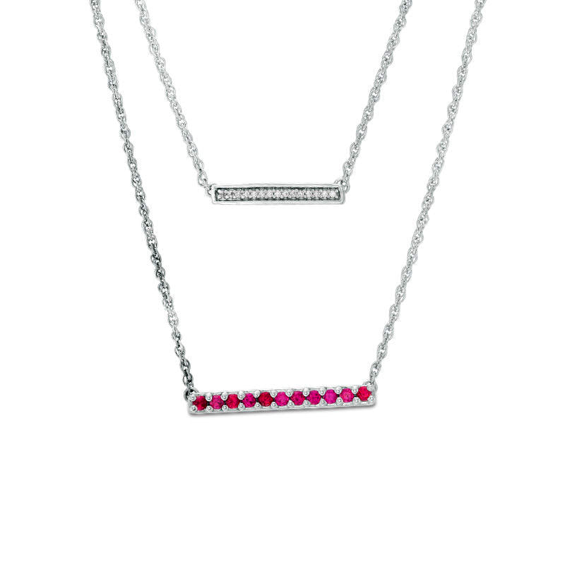 Lab-Created Ruby and Diamond Accent Double Strand Bar Necklace in Sterling Silver