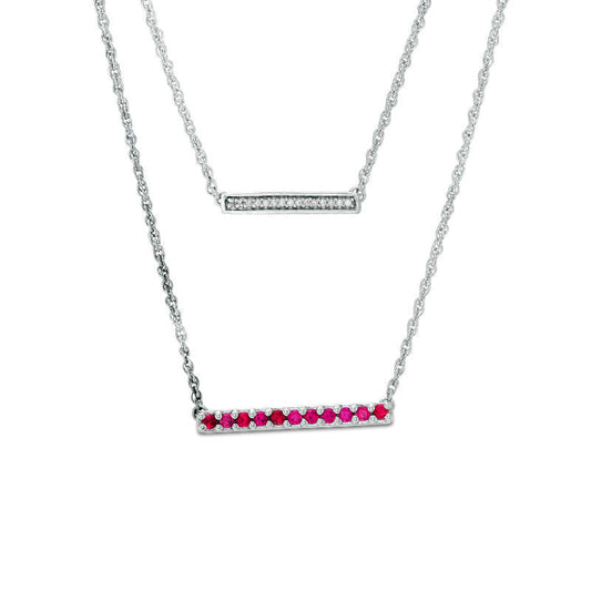 Lab-Created Ruby and Diamond Accent Double Strand Bar Necklace in Sterling Silver