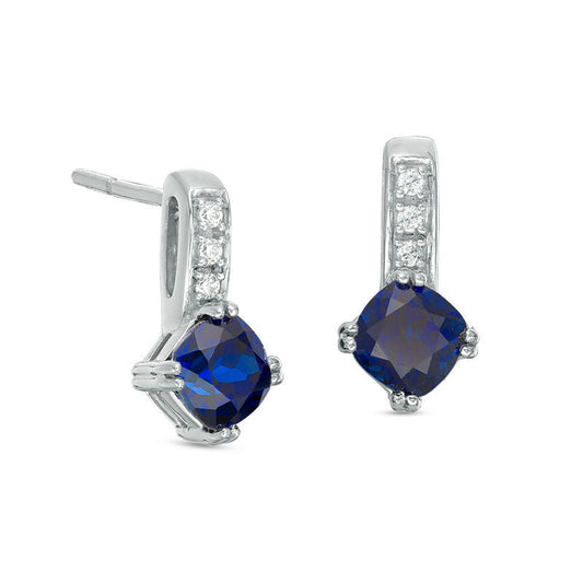 5.0mm Cushion-Cut Lab-Created Blue Sapphire and Diamond Accent Drop Earrings in 10K White Gold