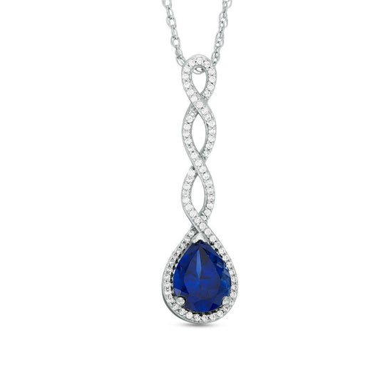Pear-Shaped Lab-Created Blue Sapphire and 0.25 CT. T.W. Diamond Cascading Drop Pendant in Sterling Silver