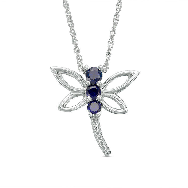 Lab-Created Blue Sapphire Beaded Dragonfly Pendant in Sterling Silver
