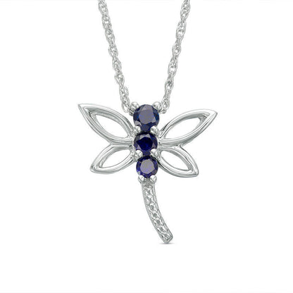 Lab-Created Blue Sapphire Beaded Dragonfly Pendant in Sterling Silver