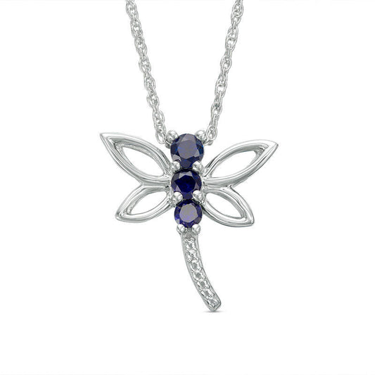 Lab-Created Blue Sapphire Beaded Dragonfly Pendant in Sterling Silver