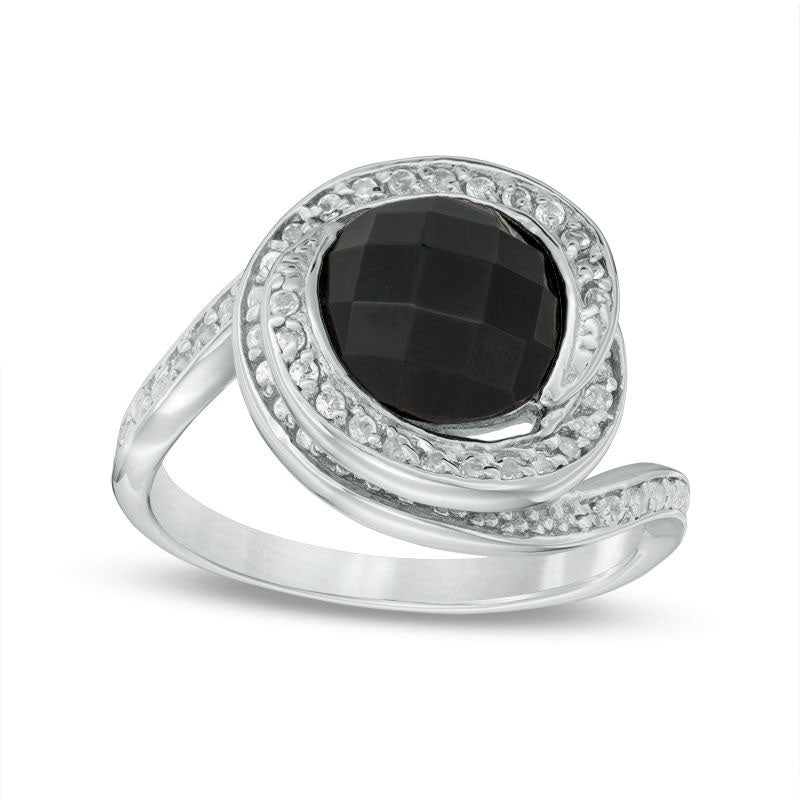 9.0mm Faceted Onyx and White Topaz Swirl Frame Ring in Sterling Silver