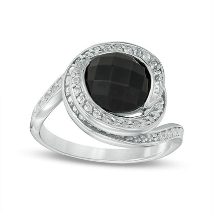 9.0mm Faceted Onyx and White Topaz Swirl Frame Ring in Sterling Silver