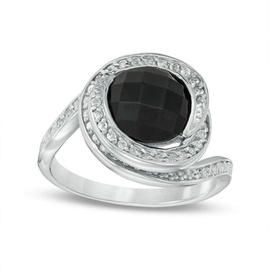 9.0mm Faceted Onyx and White Topaz Swirl Frame Ring in Sterling Silver