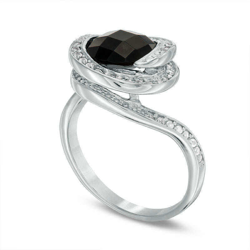 9.0mm Faceted Onyx and White Topaz Swirl Frame Ring in Sterling Silver