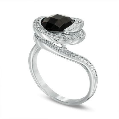 9.0mm Faceted Onyx and White Topaz Swirl Frame Ring in Sterling Silver