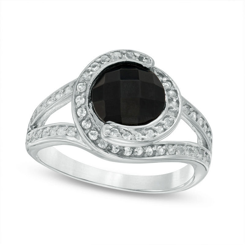 8.0mm Faceted Onyx and White Topaz Overlay Frame Split Shank Ring in Sterling Silver